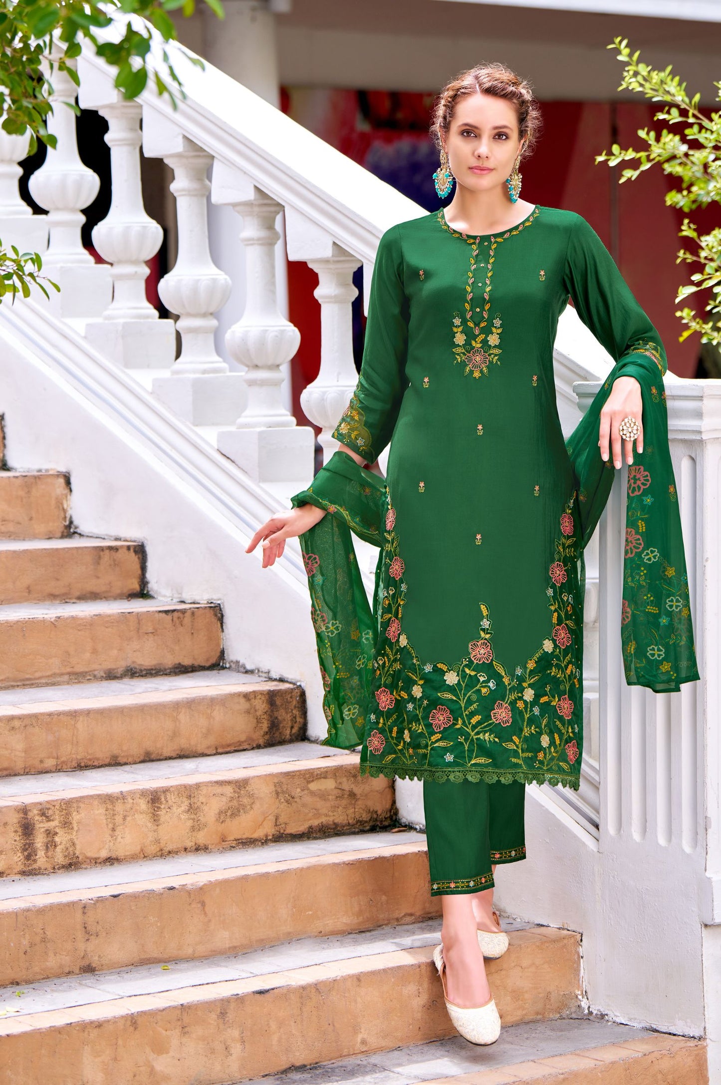 Green Romam Silk Embroidered Kurta Set with Dupatta
