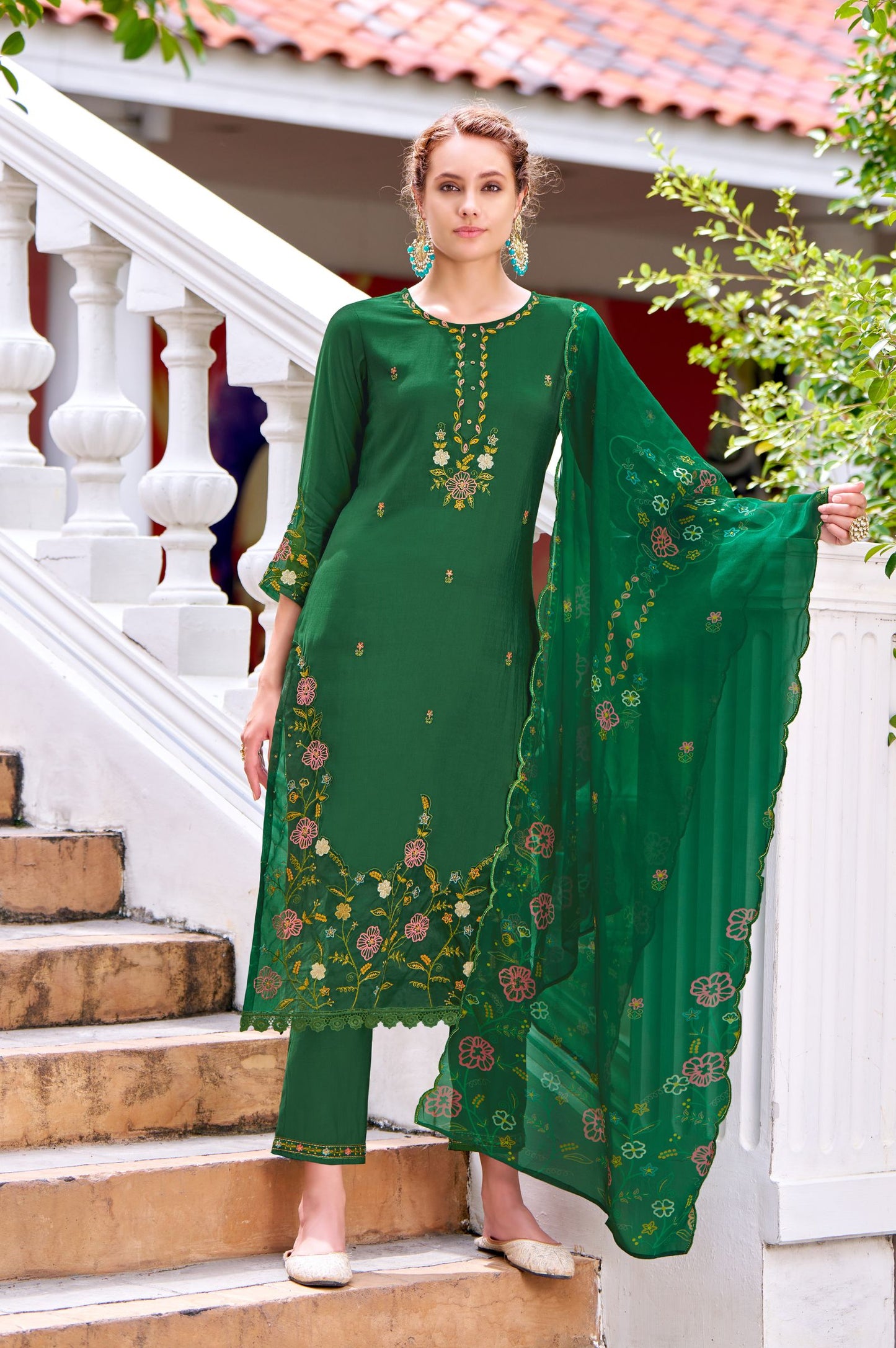 Green Romam Silk Embroidered Kurta Set with Dupatta