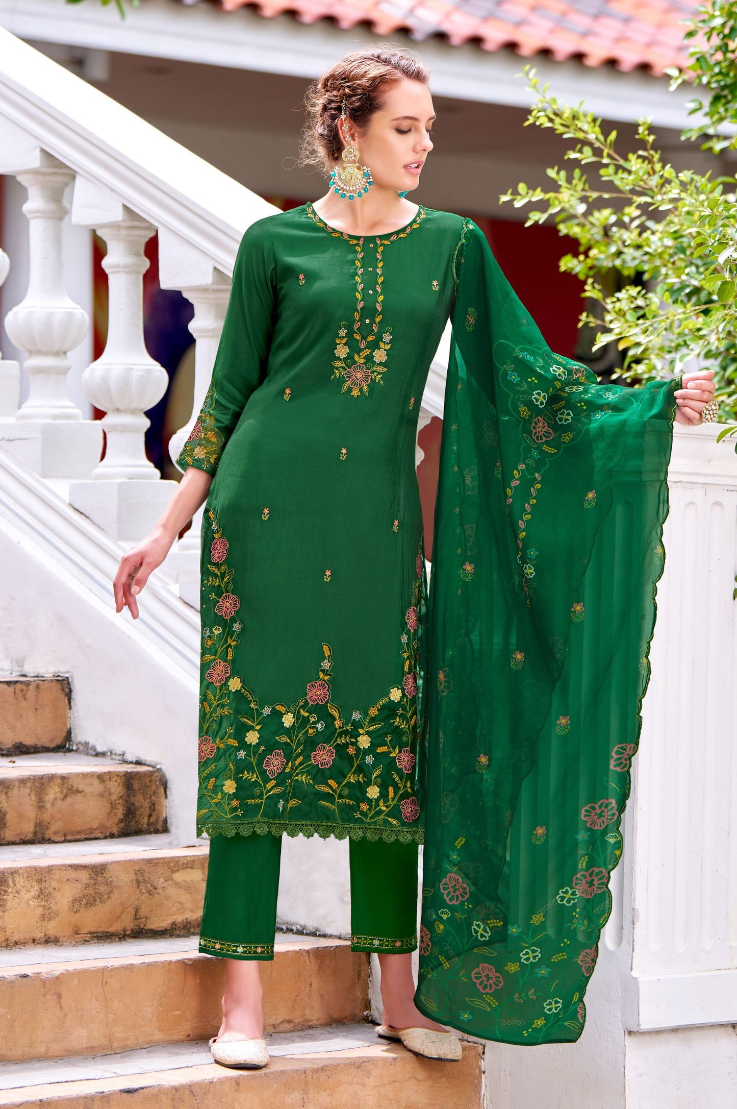 Green Romam Silk Embroidered Kurta Set with Dupatta