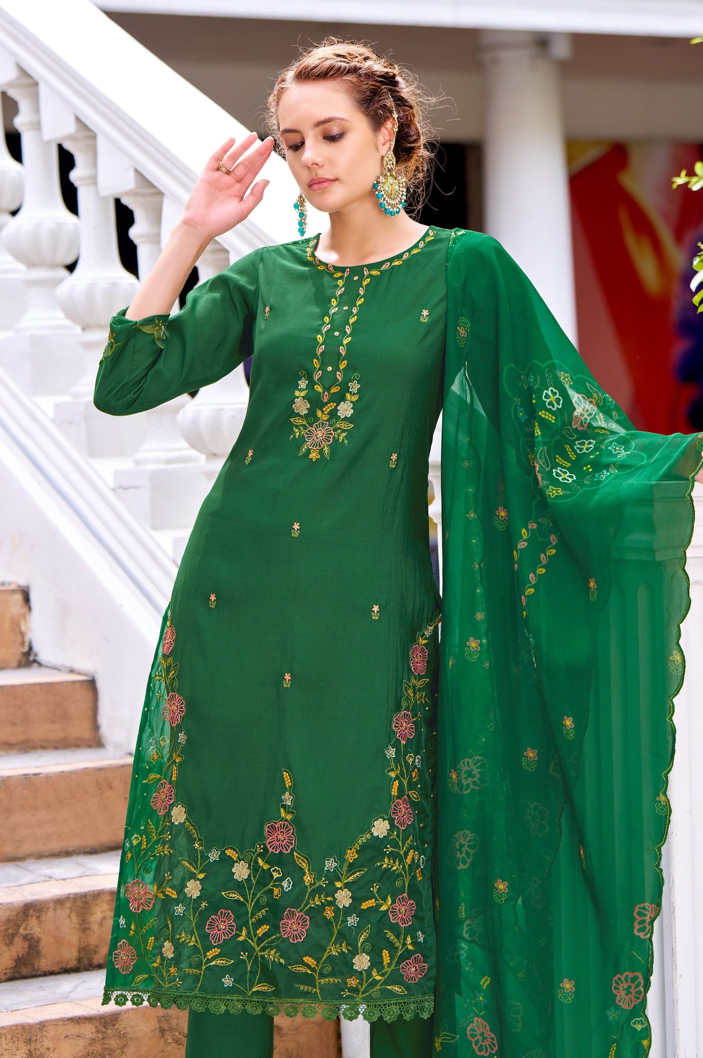 Green Romam Silk Embroidered Kurta Set with Dupatta