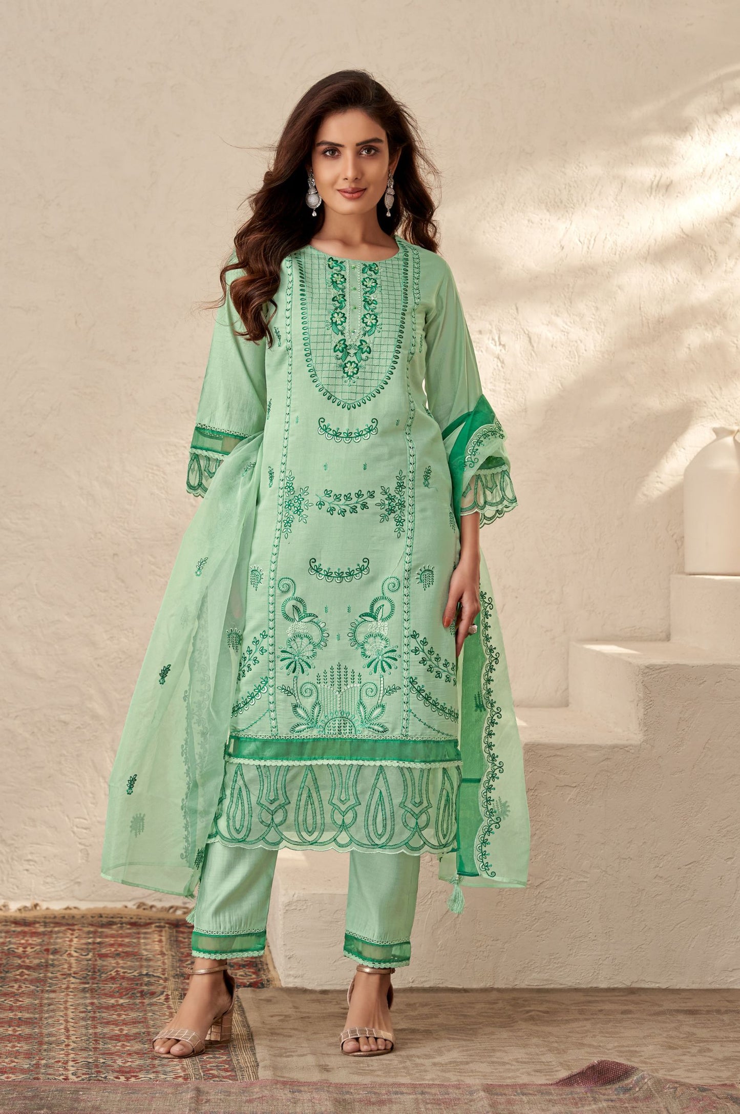 Green Romam Silk Embroidered Kurta Set with Dupatta