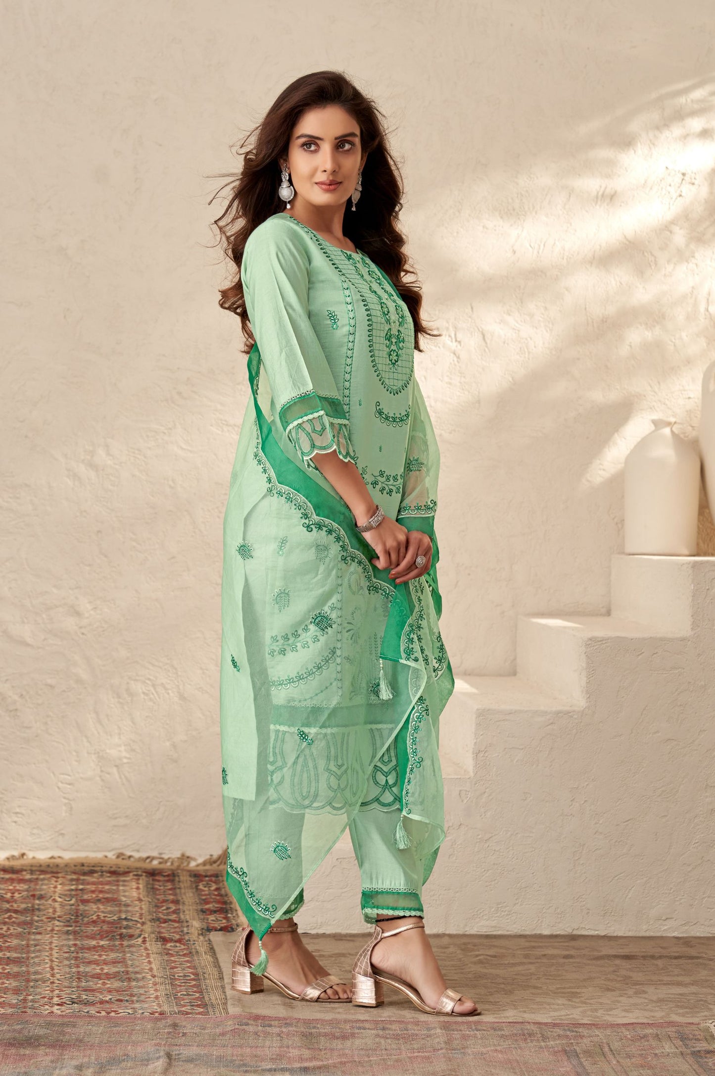 Green Romam Silk Embroidered Kurta Set with Dupatta