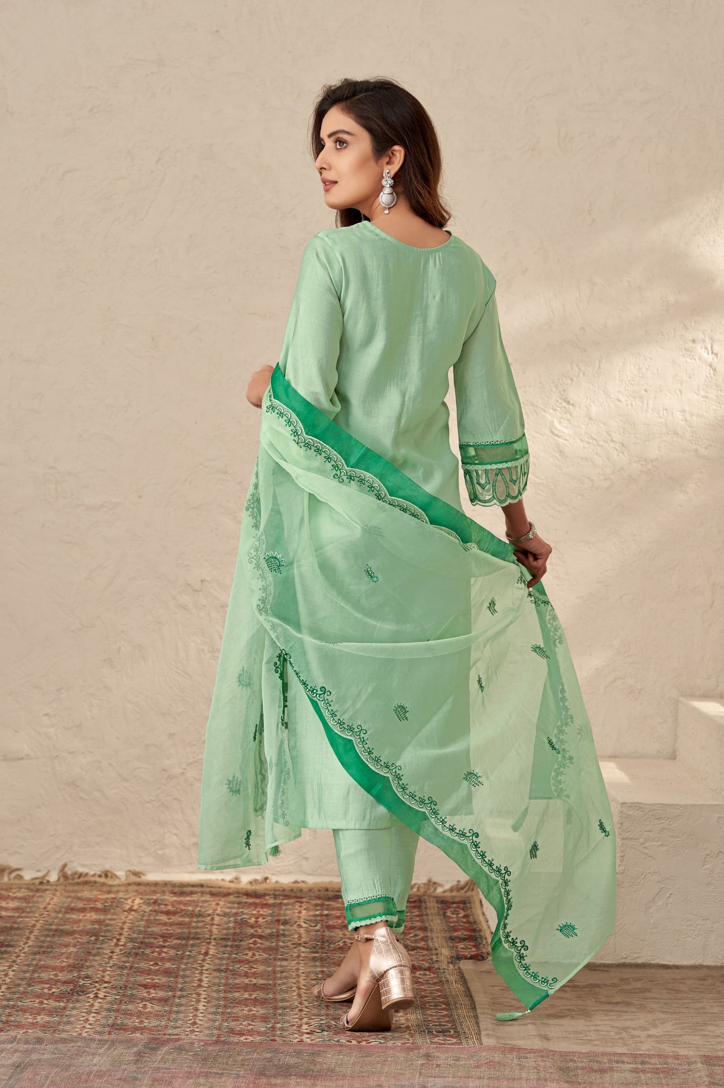Green Romam Silk Embroidered Kurta Set with Dupatta