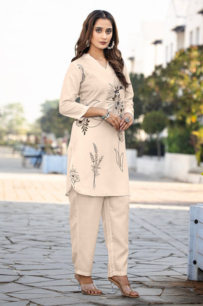 Cream Cotton Blend Printed Co-ord Set
