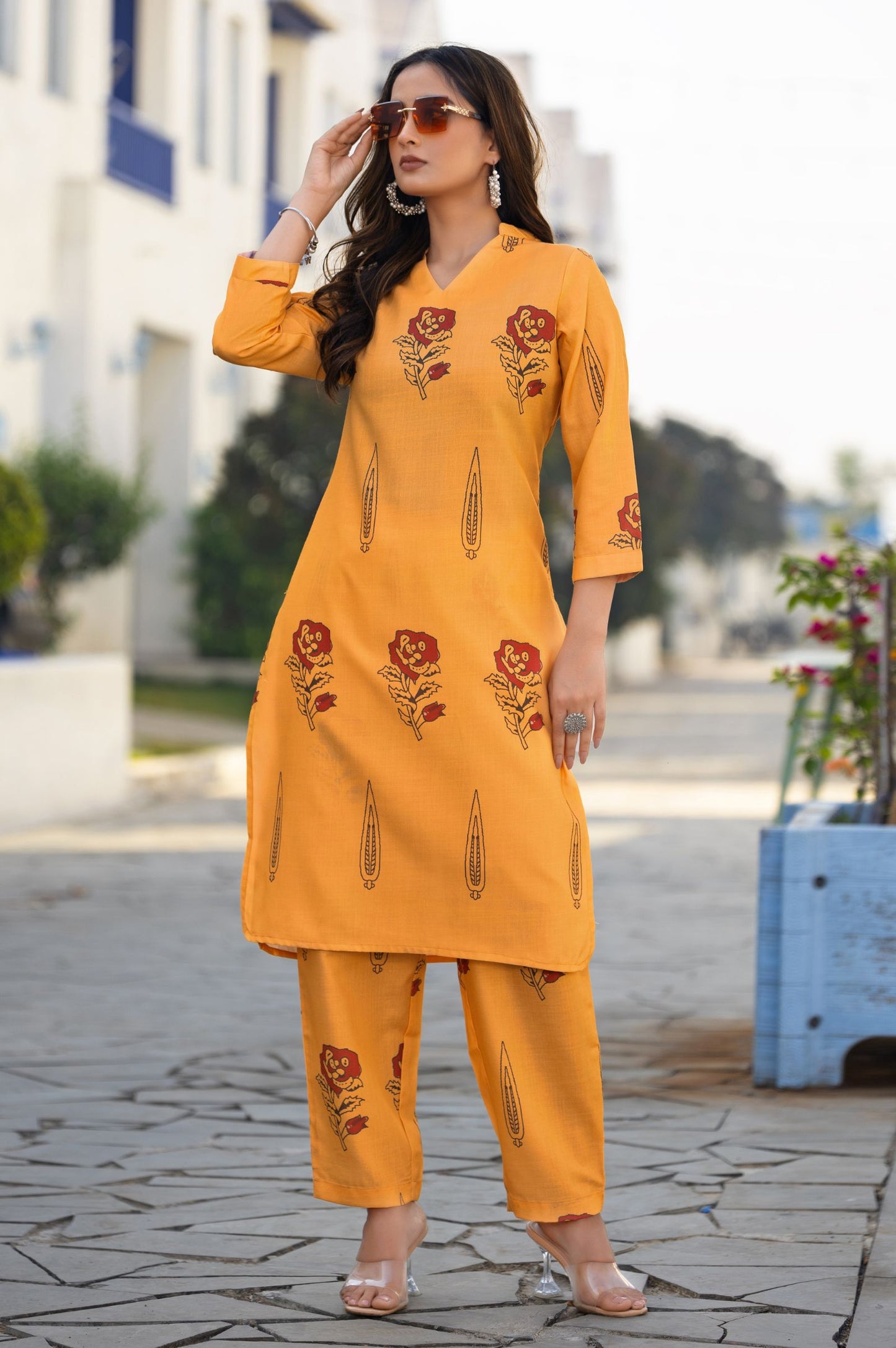 Orange Cotton Blend Printed Co-ord Set