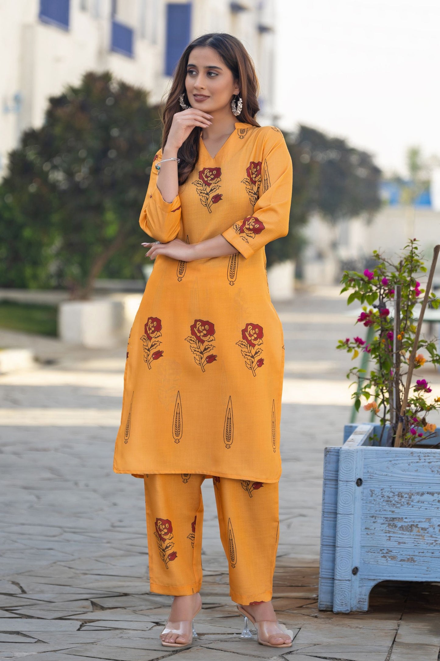 Orange Cotton Blend Printed Co-ord Set