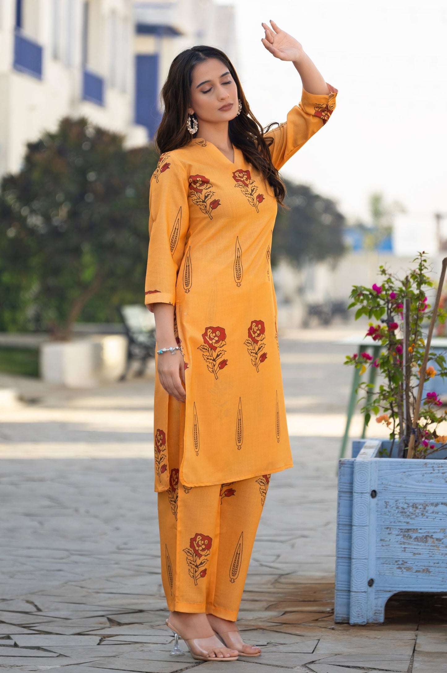 Orange Cotton Blend Printed Co-ord Set