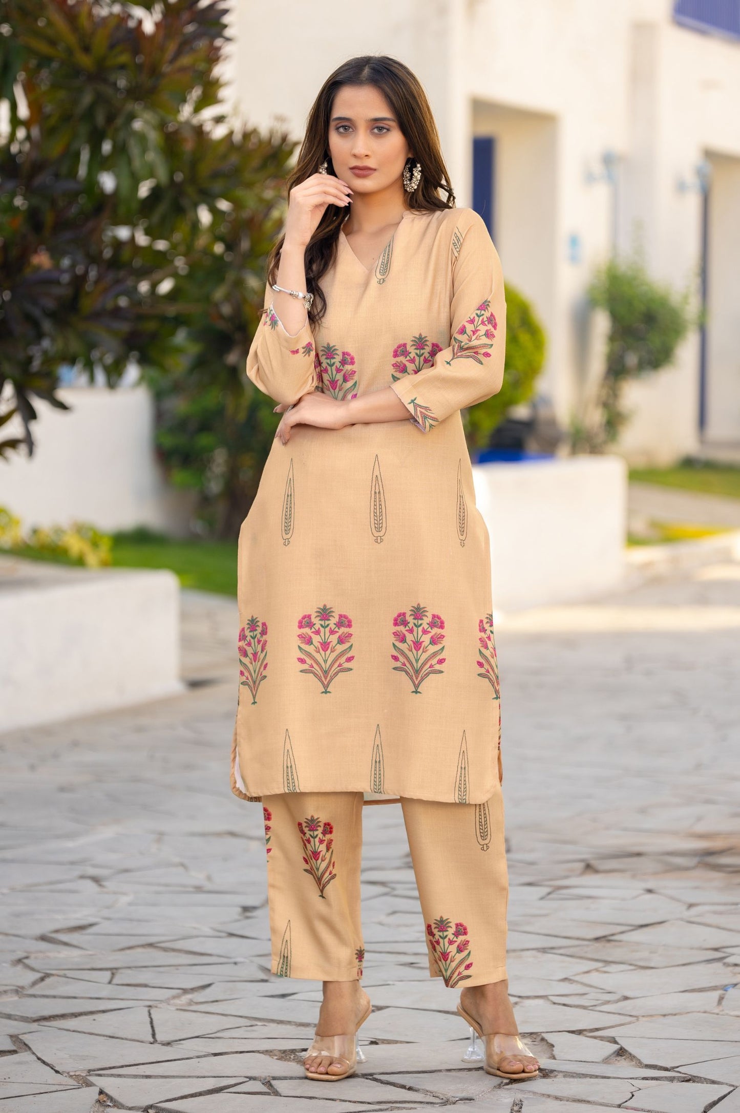 Brown Cotton Bland Printed Co-ord Set