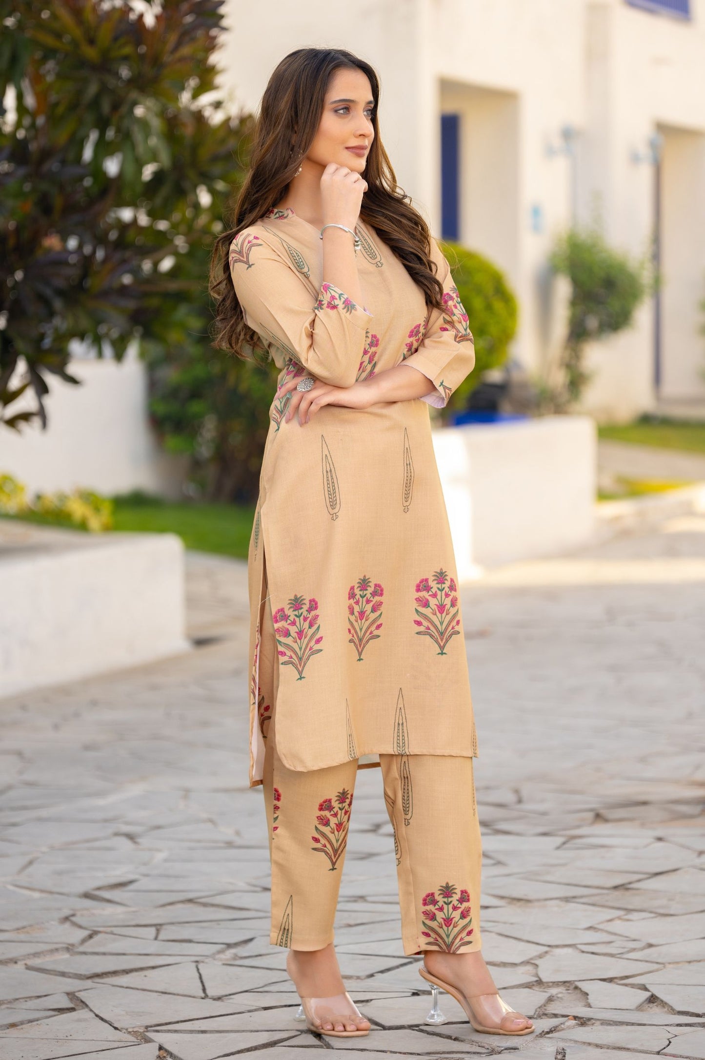 Brown Cotton Bland Printed Co-ord Set