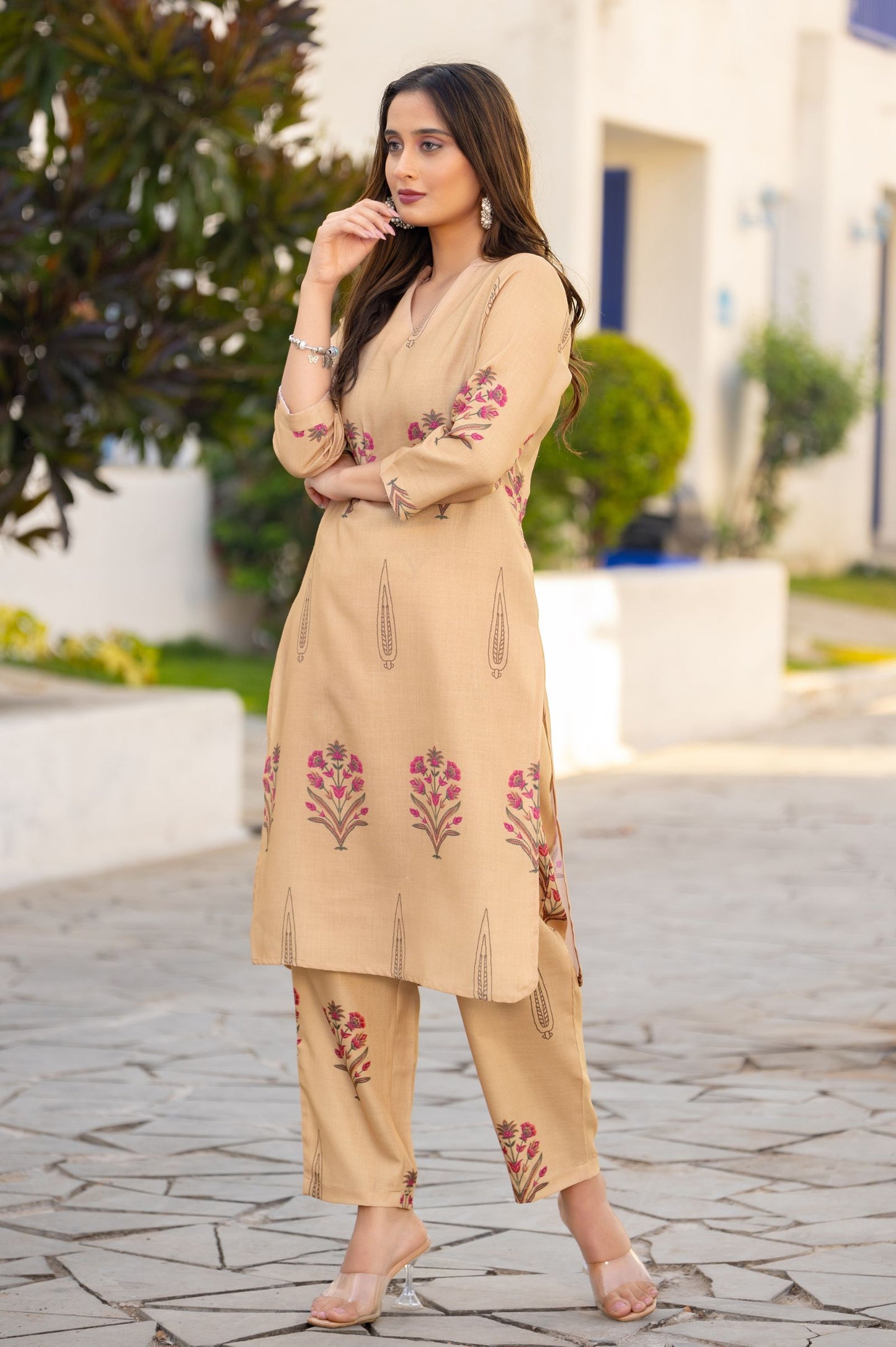 Brown Cotton Bland Printed Co-ord Set
