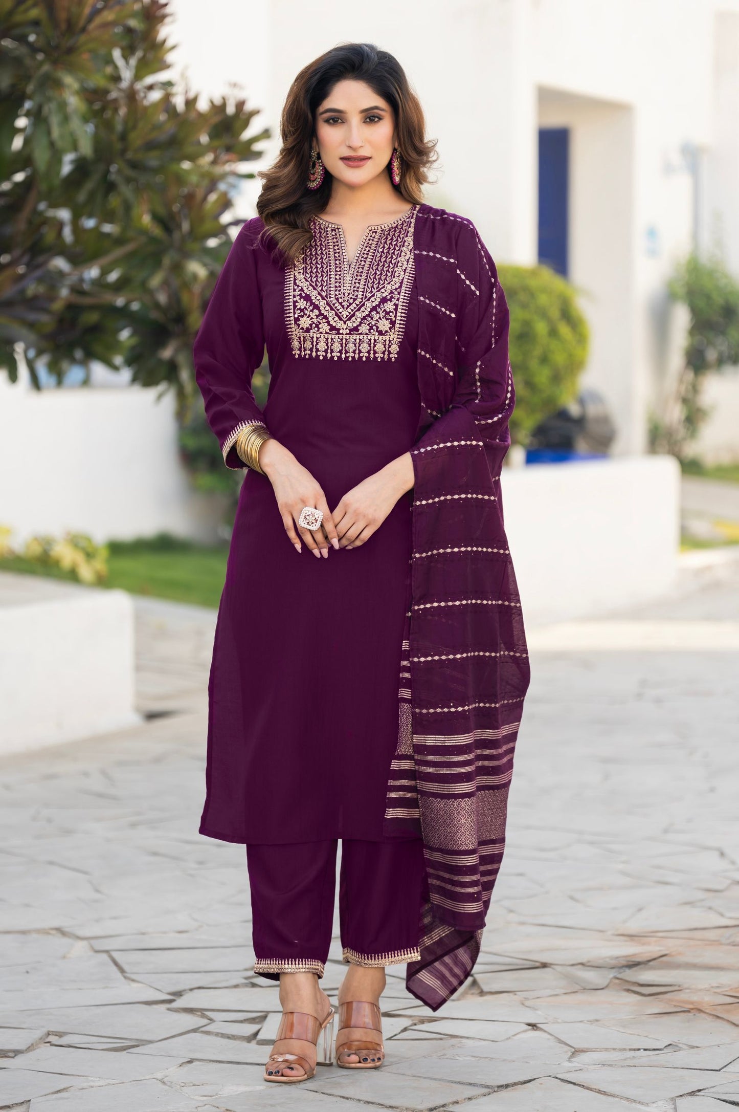 Wine Chinon Embroidered Kurta Set with Jacquard Dupatta