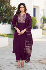 Wine Chinon Embroidered Kurta Set with Jacquard Dupatta
