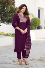 Wine Chinon Embroidered Kurta Set with Jacquard Dupatta