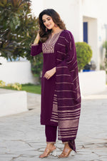 Wine Chinon Embroidered Kurta Set with Jacquard Dupatta