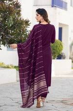 Wine Chinon Embroidered Kurta Set with Jacquard Dupatta