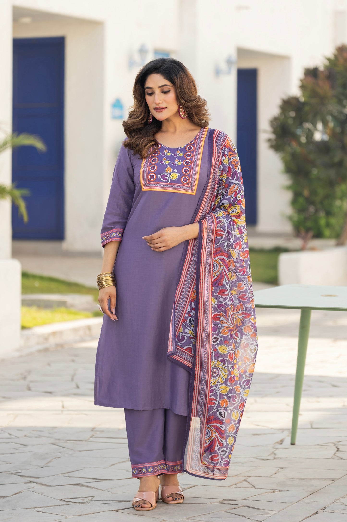 Lavender Chinon Printed Kurta Set with Dupatta