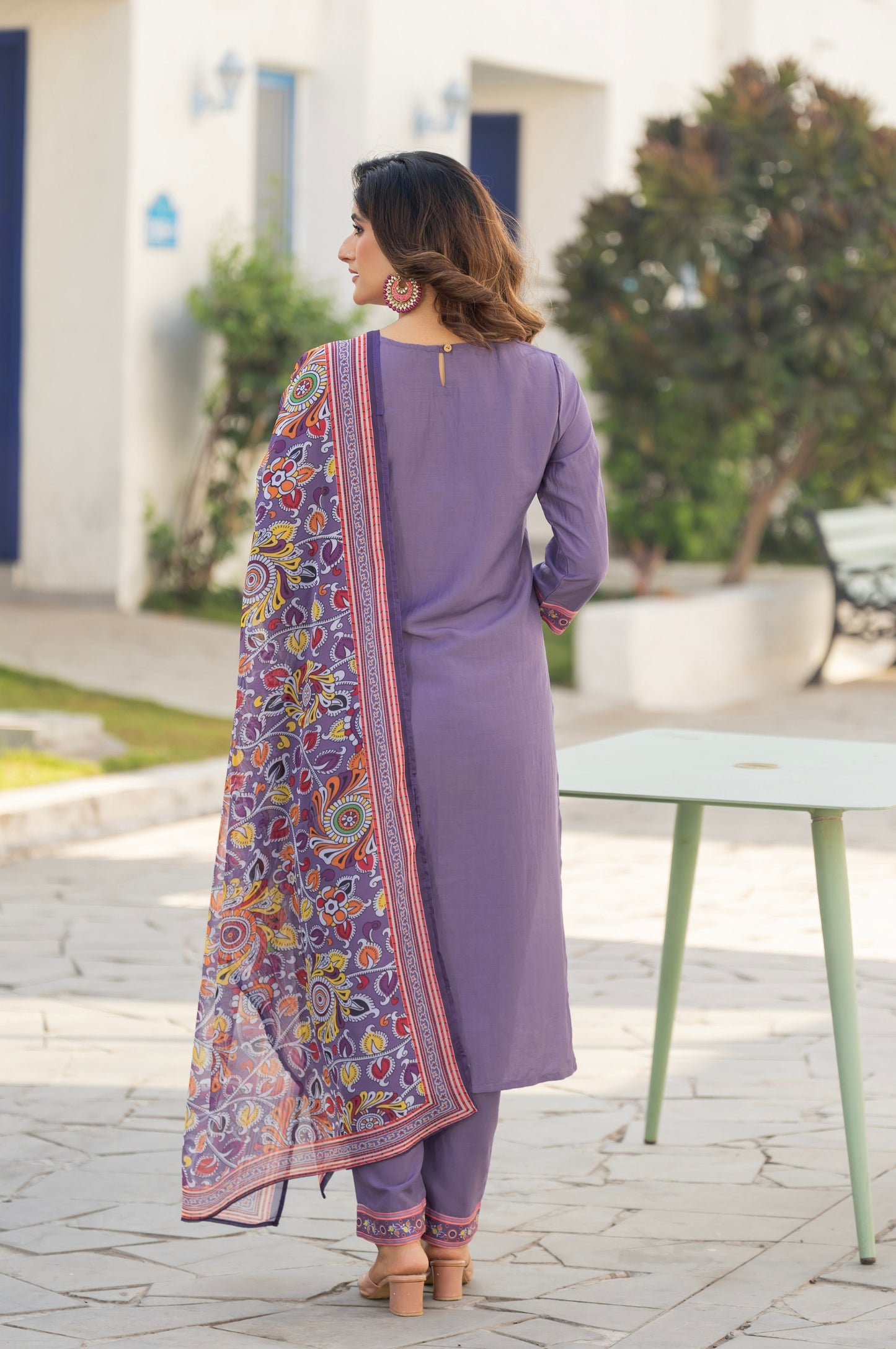 Lavender Chinon Printed Kurta Set with Dupatta
