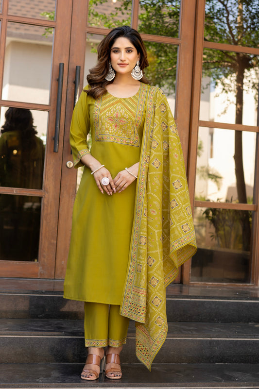Mustard Roman Silk Printed Kurta Set with Dupatta