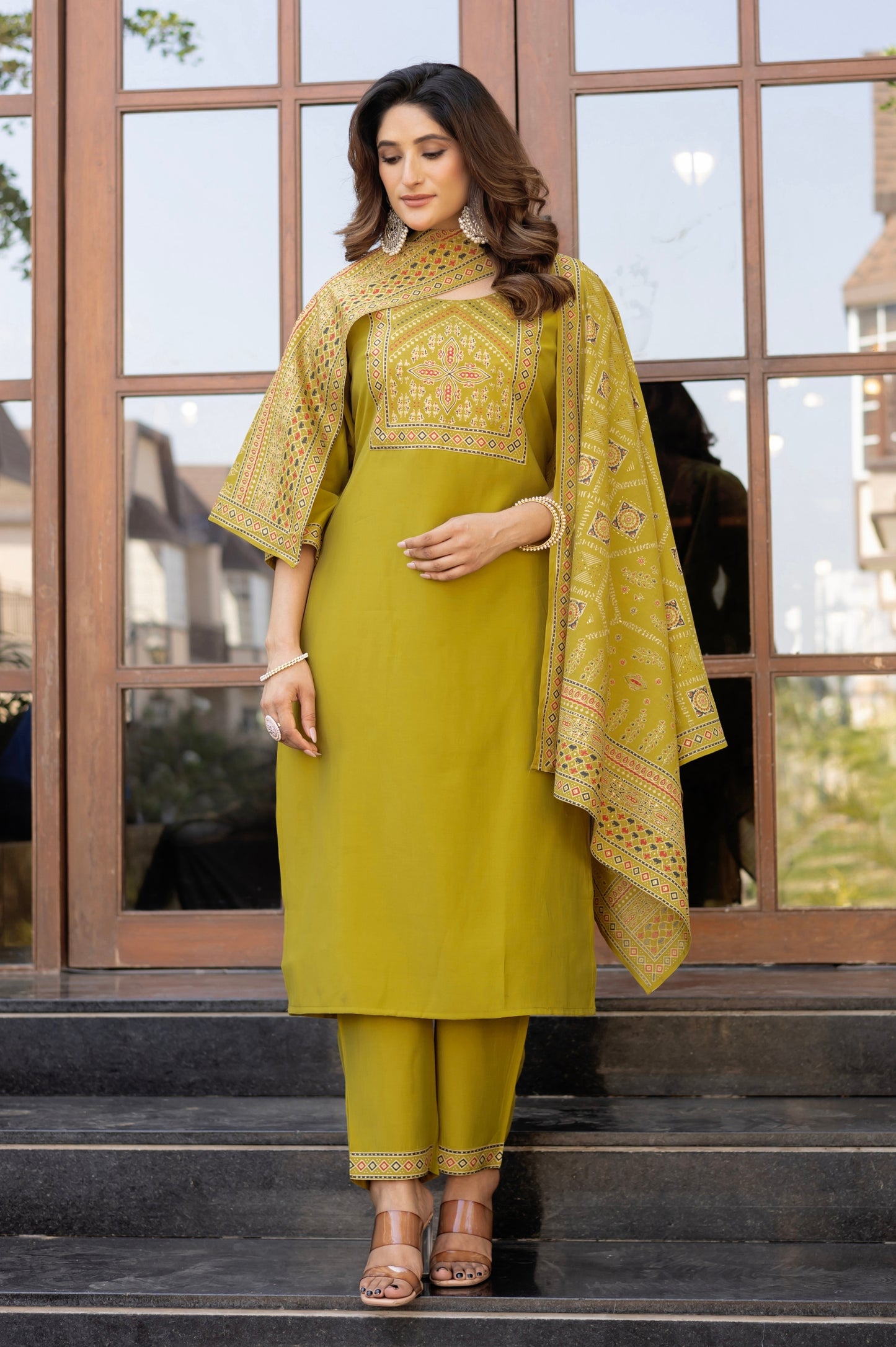 Mustard Roman Silk Printed Kurta Set with Dupatta