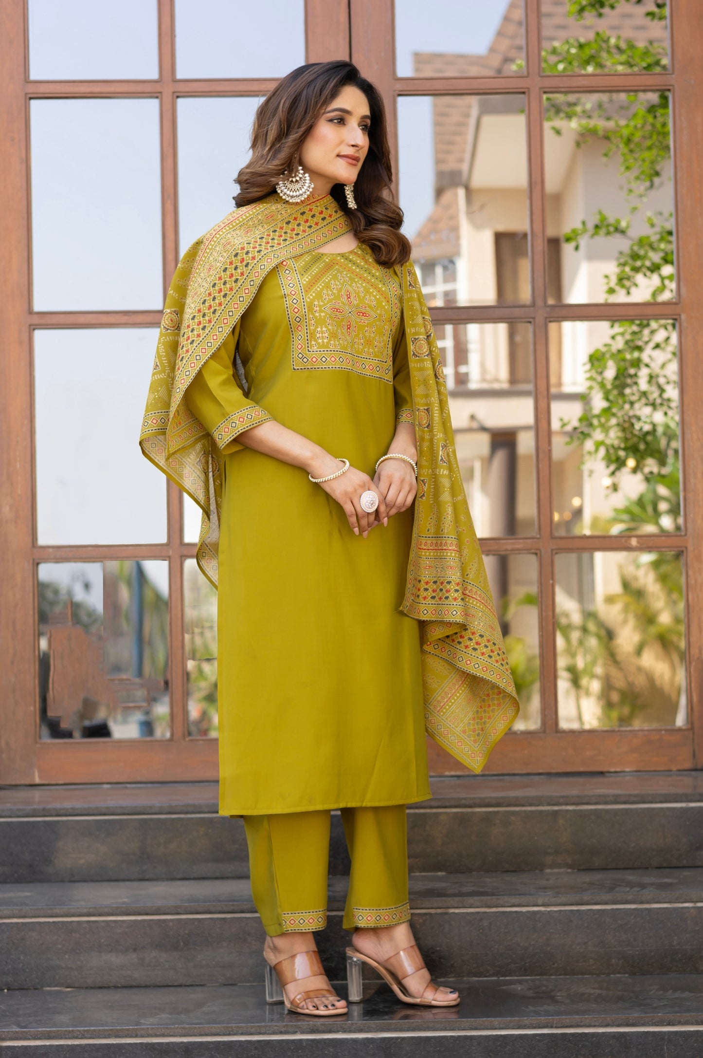 Mustard Roman Silk Printed Kurta Set with Dupatta