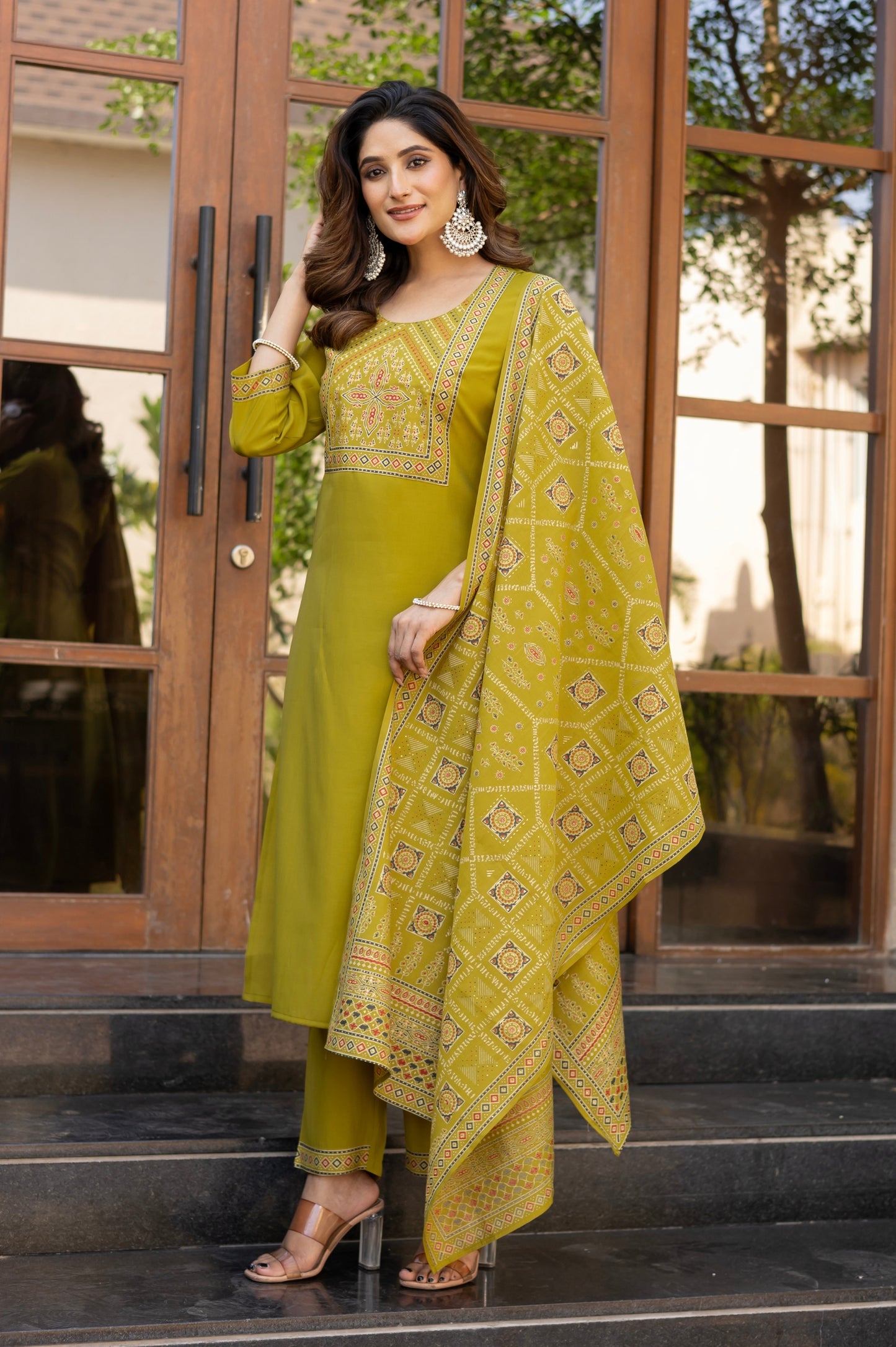 Mustard Roman Silk Printed Kurta Set with Dupatta