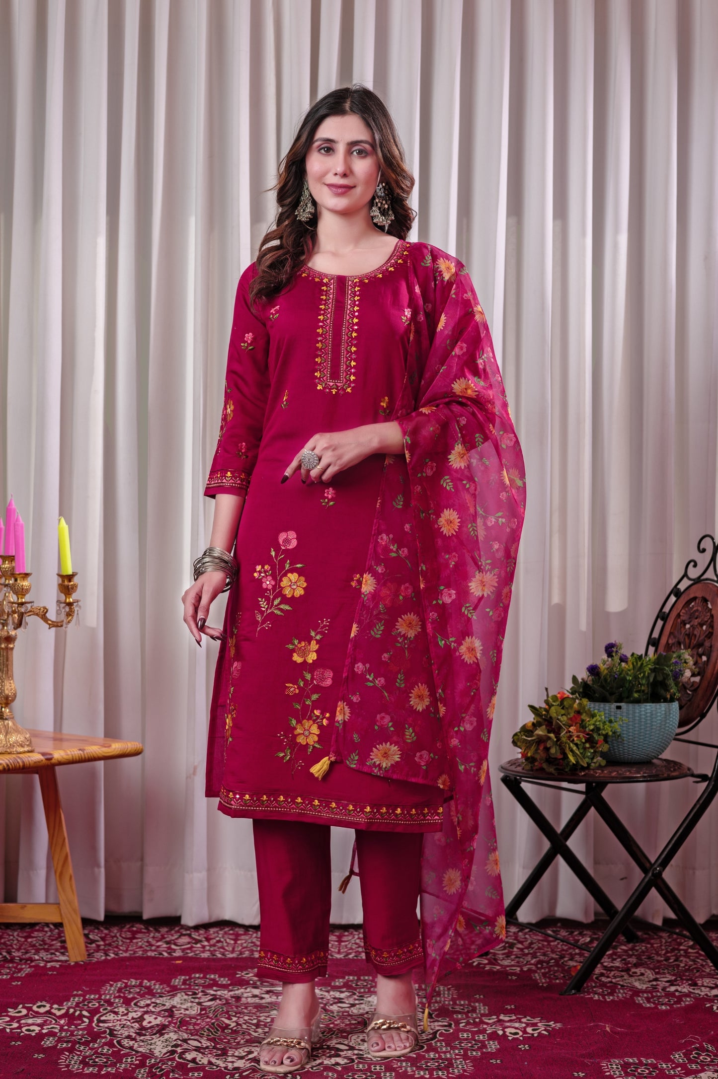 Red Roman Silk Embroidered With Mirror Work Kurta Set with Dupatta
