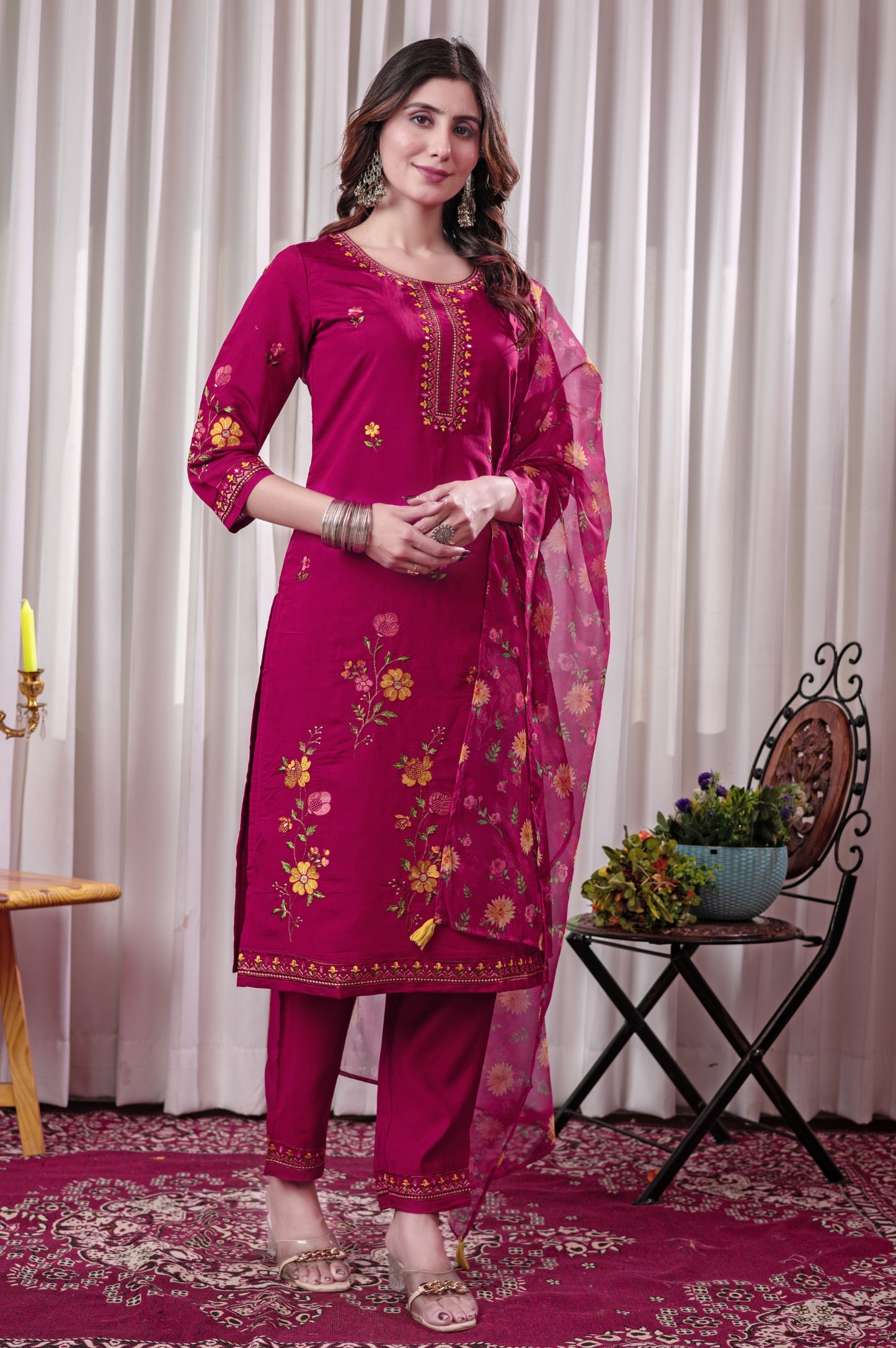 Red Roman Silk Embroidered With Mirror Work Kurta Set with Dupatta