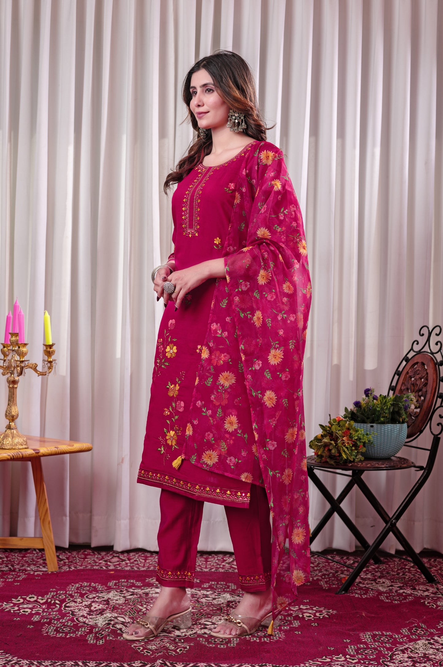 Red Roman Silk Embroidered With Mirror Work Kurta Set with Dupatta