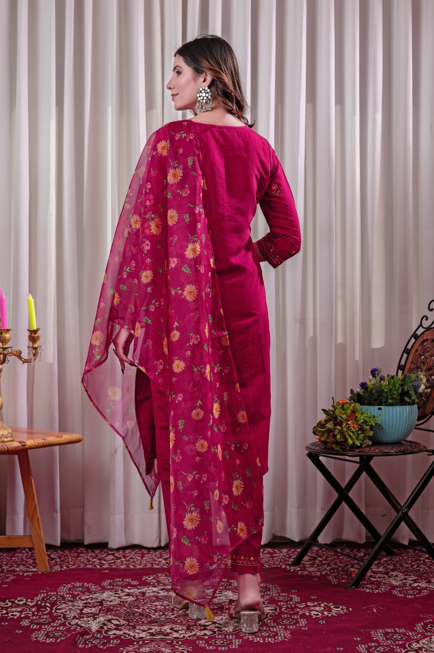 Red Roman Silk Embroidered With Mirror Work Kurta Set with Dupatta