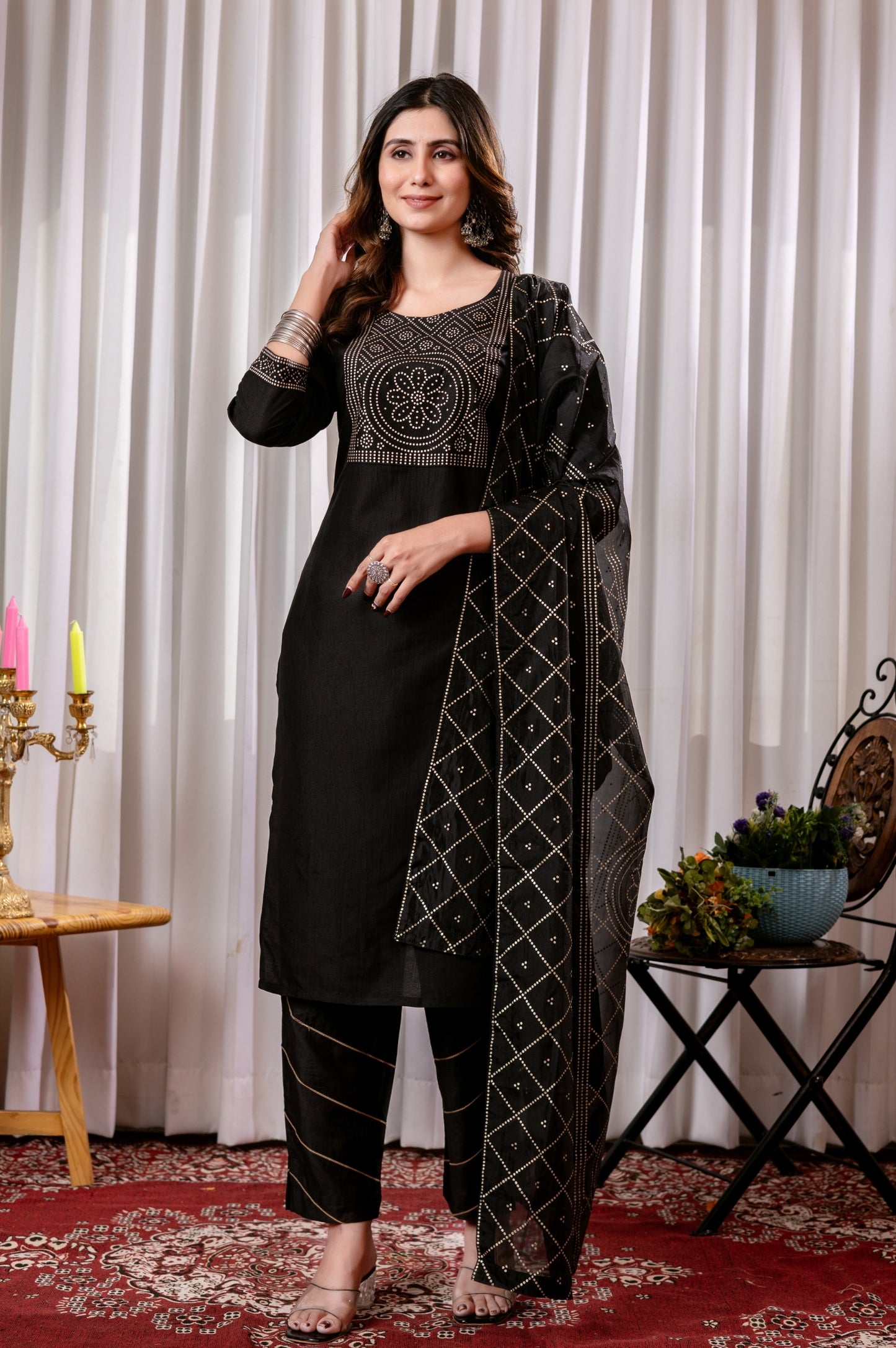 Black Chinon Foil Printed Kurta Set with Dupatta