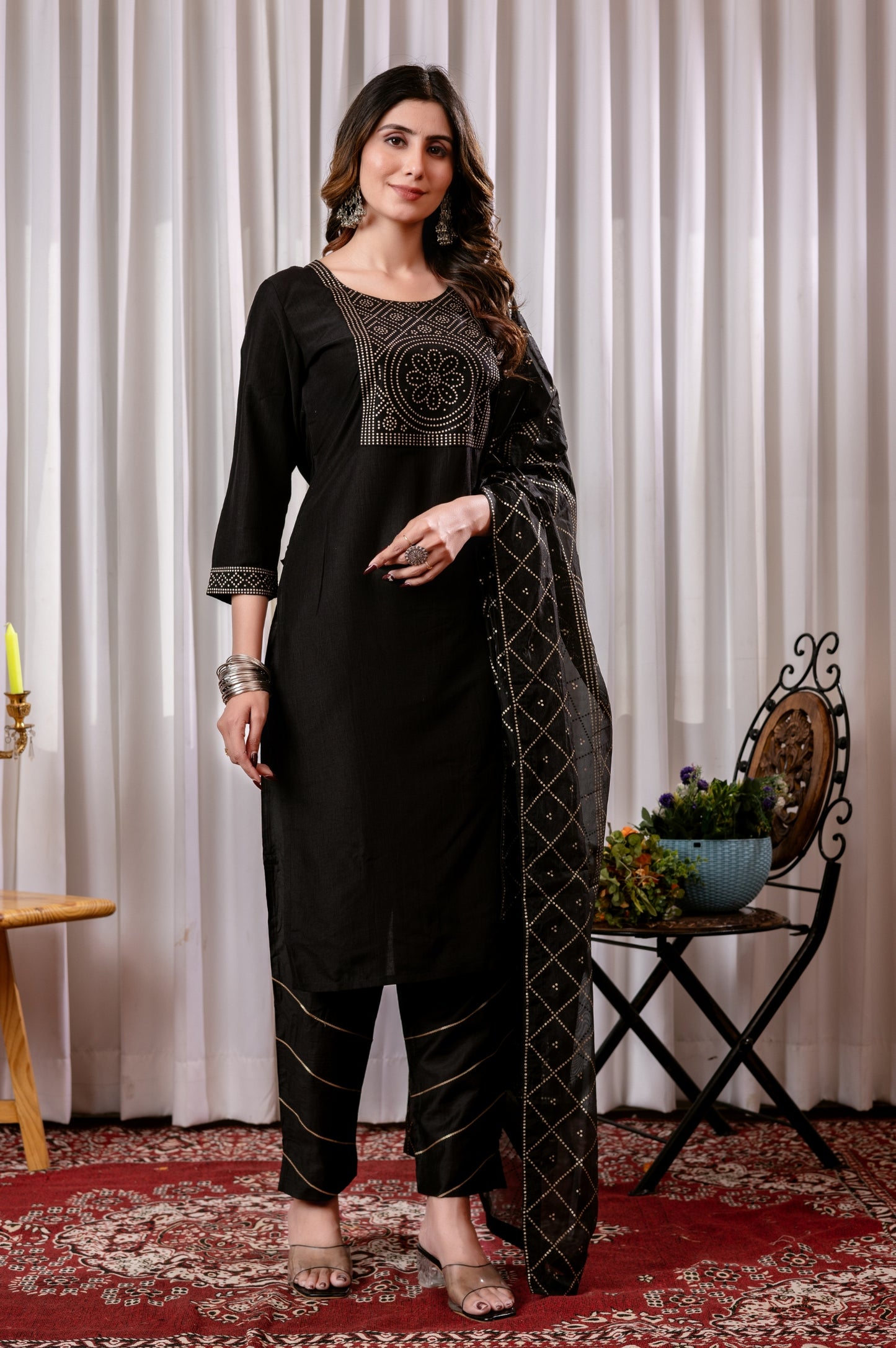 Black Chinon Foil Printed Kurta Set with Dupatta