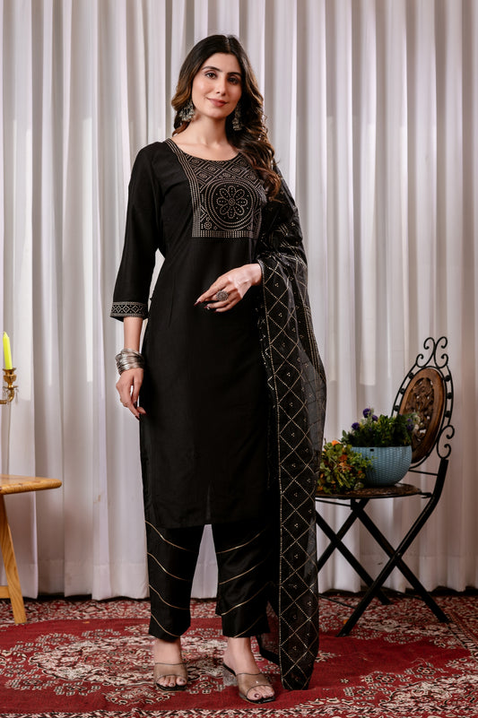 Black Chinon Foil Printed Kurta Set with Dupatta