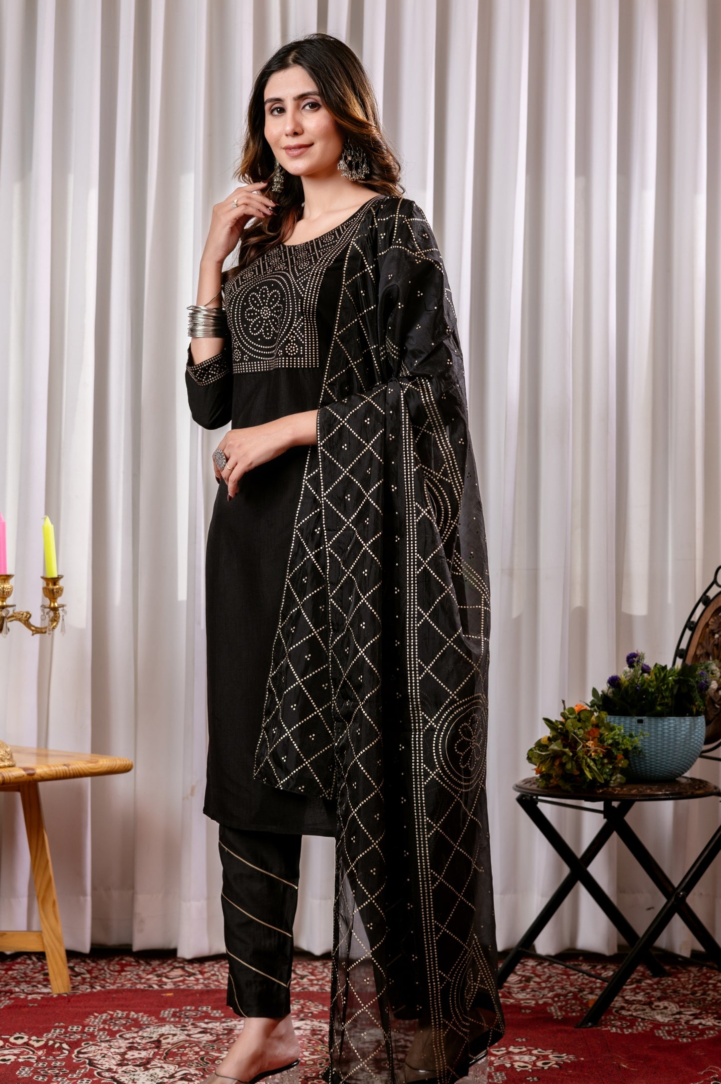 Black Chinon Foil Printed Kurta Set with Dupatta