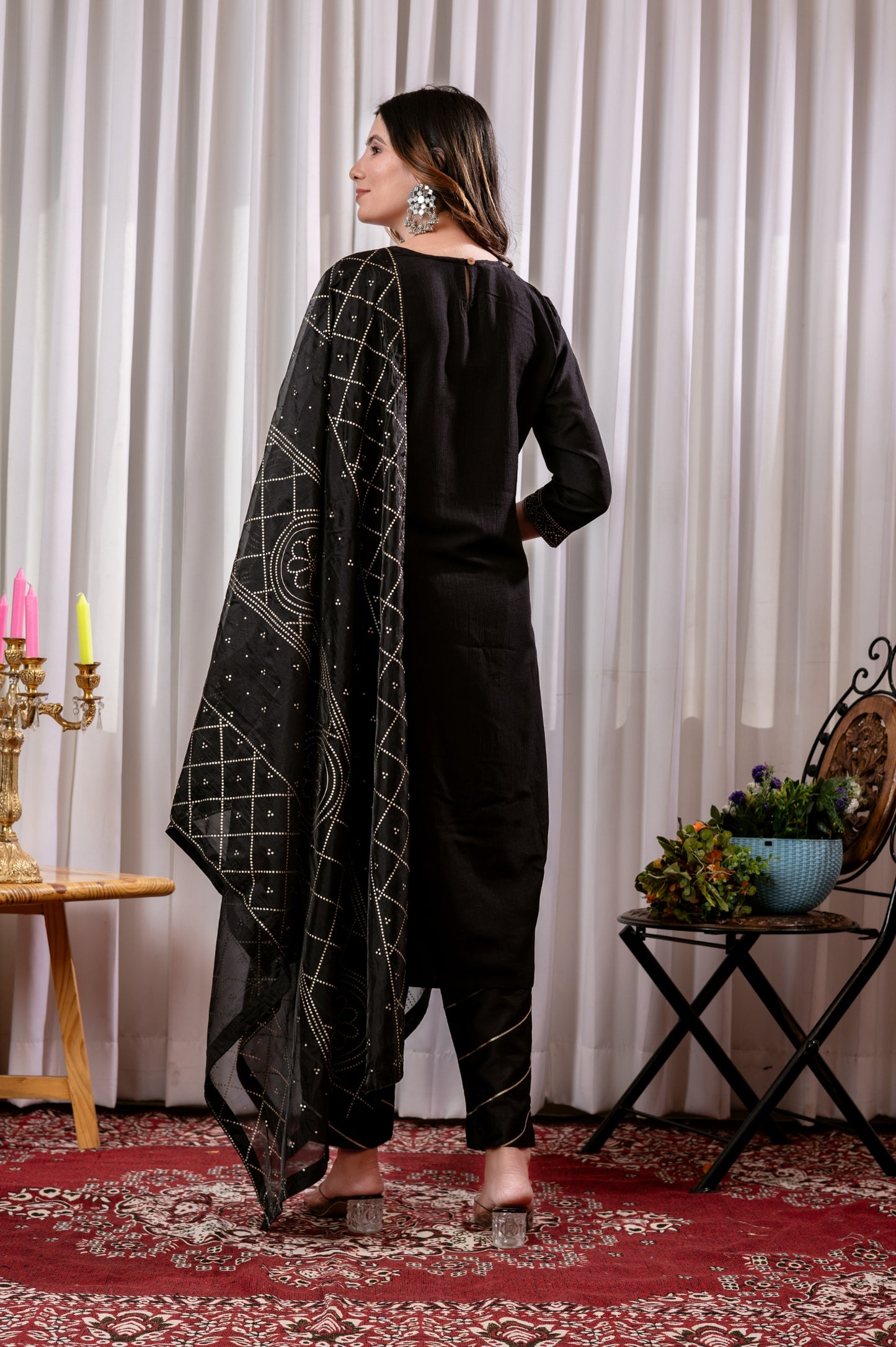 Black Chinon Foil Printed Kurta Set with Dupatta