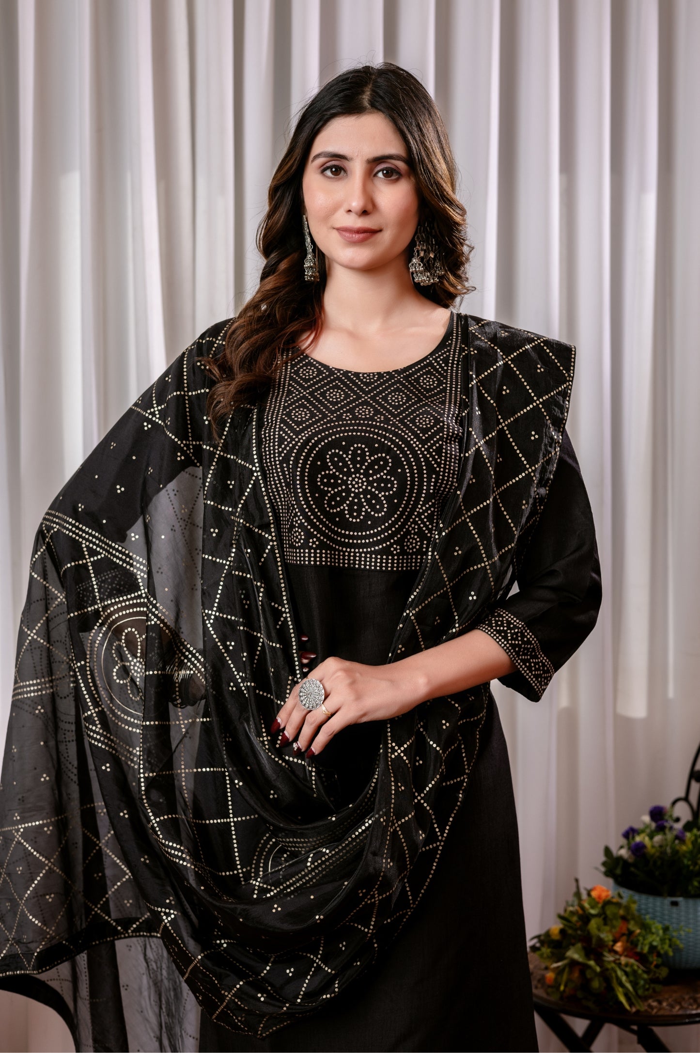 Black Chinon Foil Printed Kurta Set with Dupatta