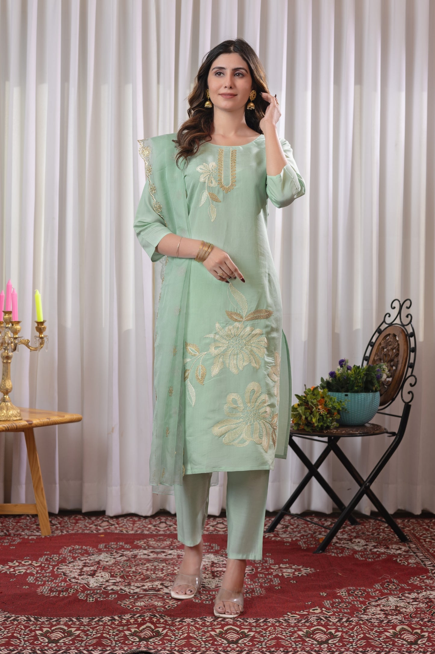 Green Roman Silk Embroidered Kurta Set with Dupatta