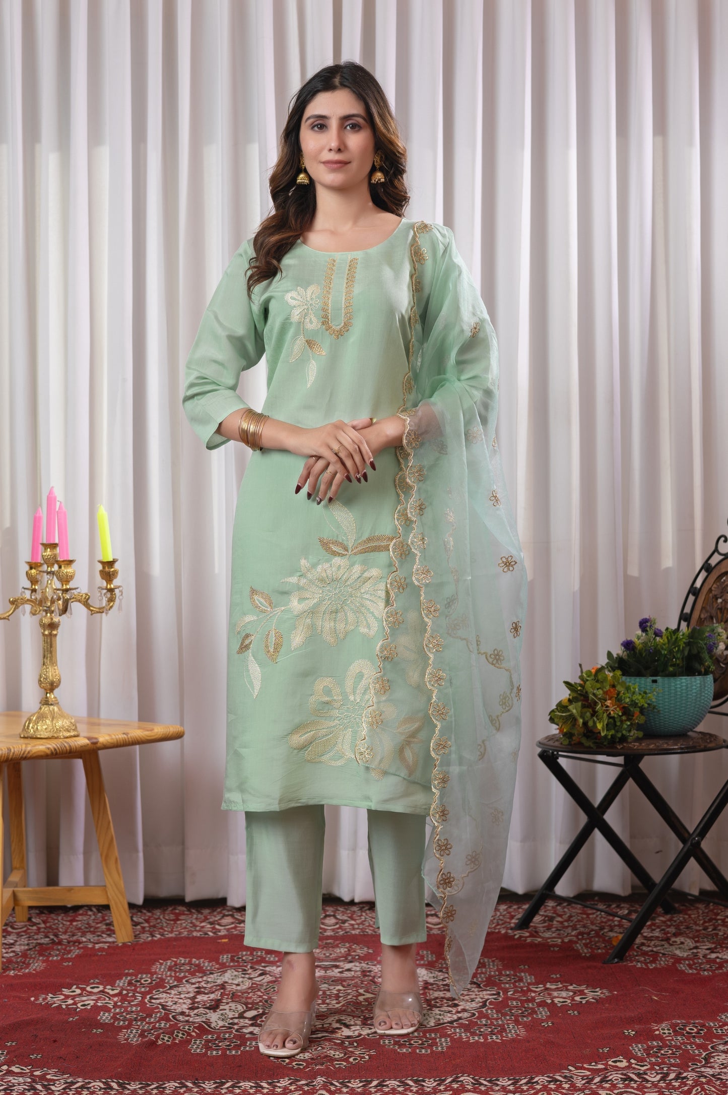 Green Roman Silk Embroidered Kurta Set with Dupatta