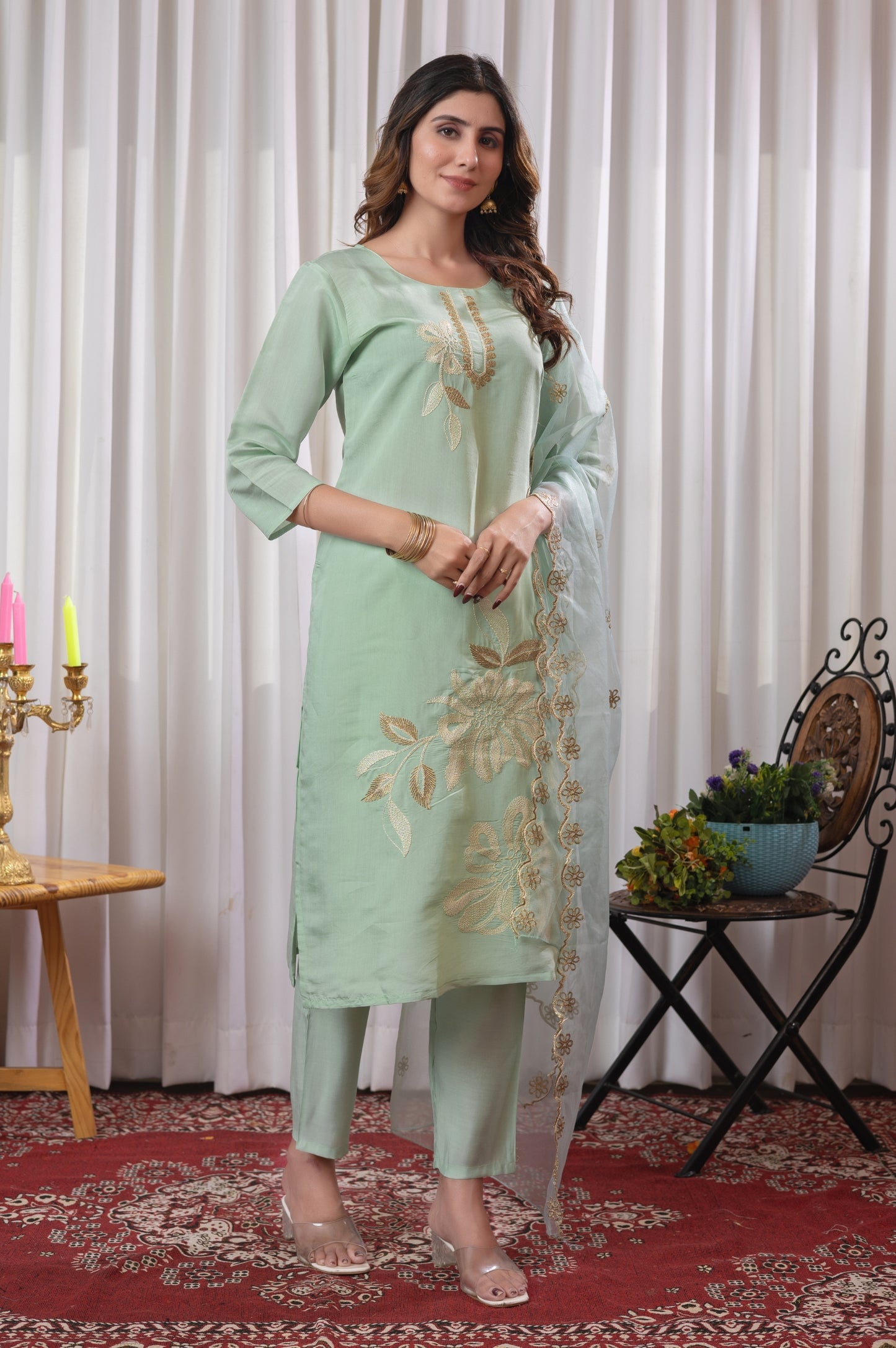 Green Roman Silk Embroidered Kurta Set with Dupatta