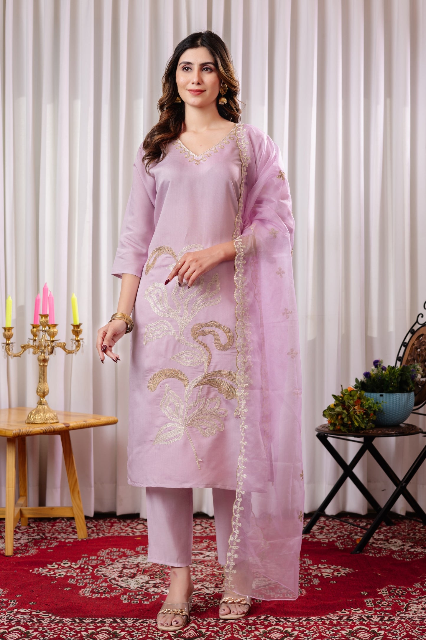 Purple Roman Silk Embroidered Kurta Set with Dupatta
