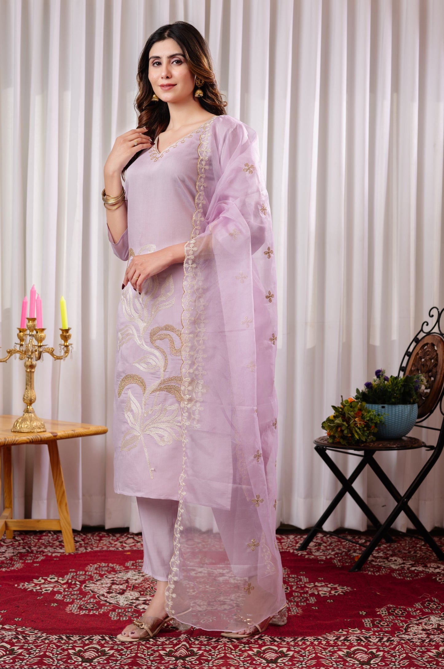 Purple Roman Silk Embroidered Kurta Set with Dupatta