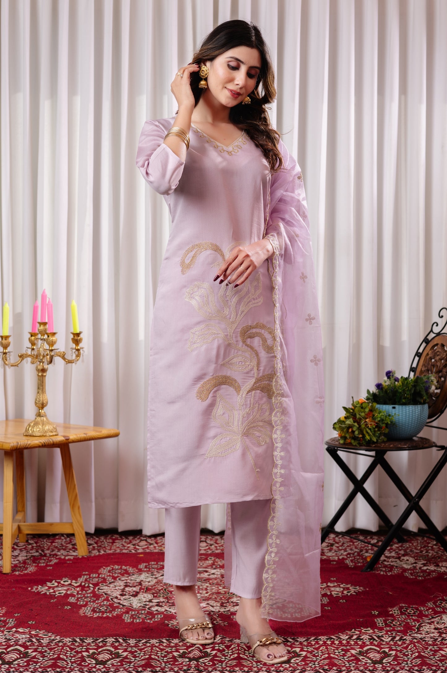 Purple Roman Silk Embroidered Kurta Set with Dupatta