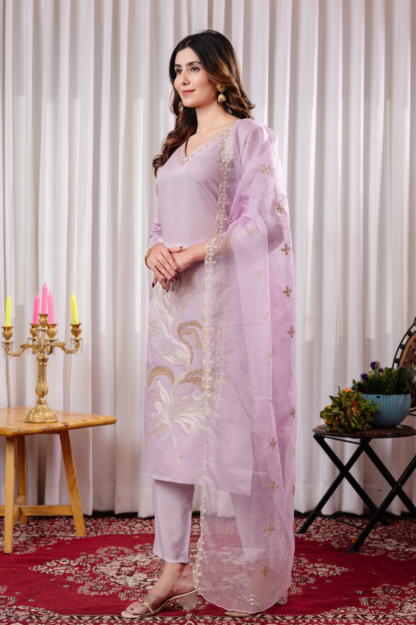 Purple Roman Silk Embroidered Kurta Set with Dupatta