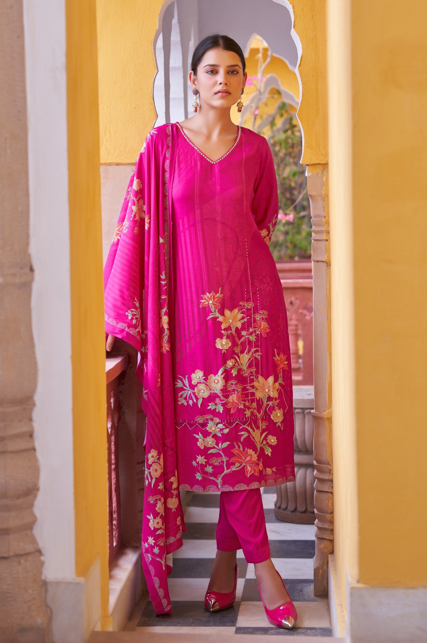 Red Pure Viscose Muslin Digital Printed With Handwork Kurta Set with Dupatta