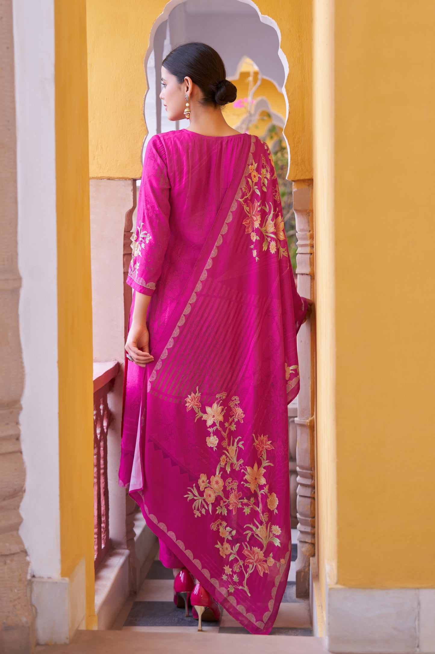 Red Pure Viscose Muslin Digital Printed With Handwork Kurta Set with Dupatta
