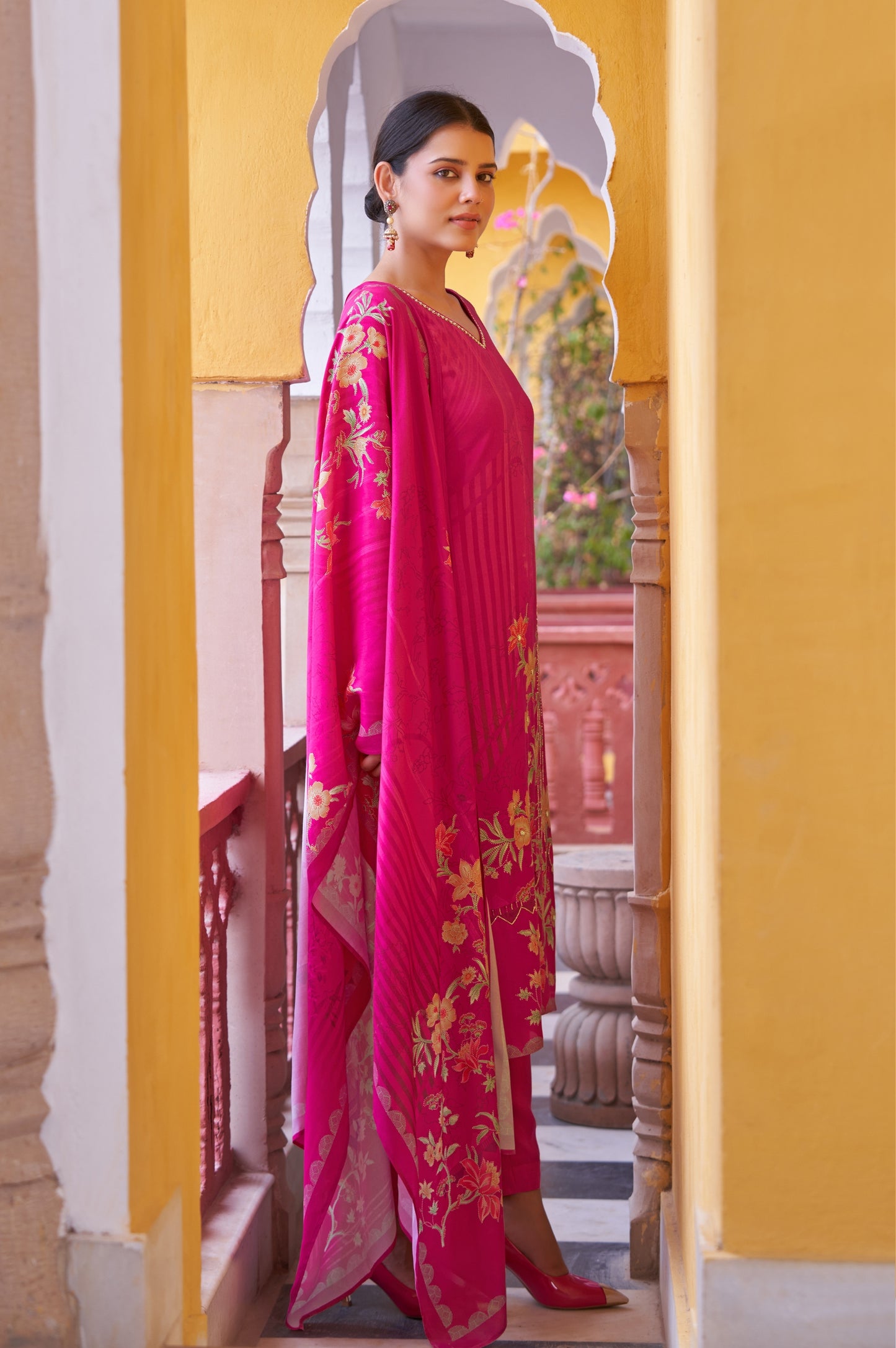 Red Pure Viscose Muslin Digital Printed With Handwork Kurta Set with Dupatta