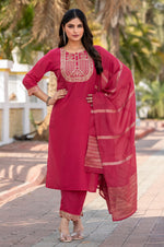 Pink Cotton Blend Embroidered Kurta Set with Dupatta For Women