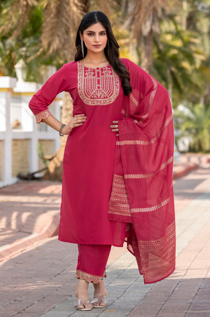 Pink Cotton Blend Embroidered Kurta Set with Dupatta For Women