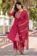 Pink Cotton Blend Embroidered Kurta Set with Dupatta For Women