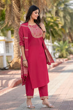 Pink Cotton Blend Embroidered Kurta Set with Dupatta For Women