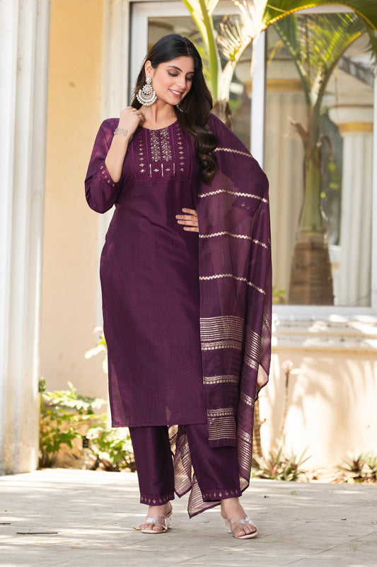 Wine Silk Blend Embroidered Kurta Set with Dupatta For Women